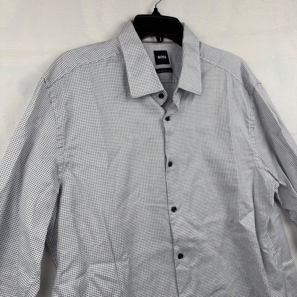 BOSS Slim‎ Fit Dress Shirt Men's 46 White Black Italian Fabric Organic Cotton